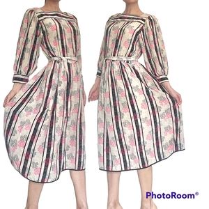 Vintage Silk Jack Mulqueen Stripy floral Balloon sleeve midi dress size M